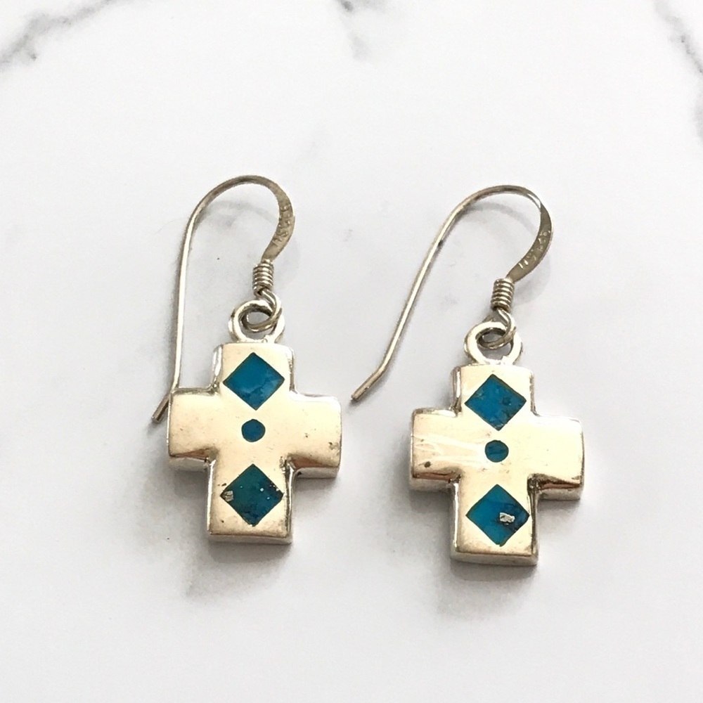 Vintage Sterling Turquoise Cross Earrings